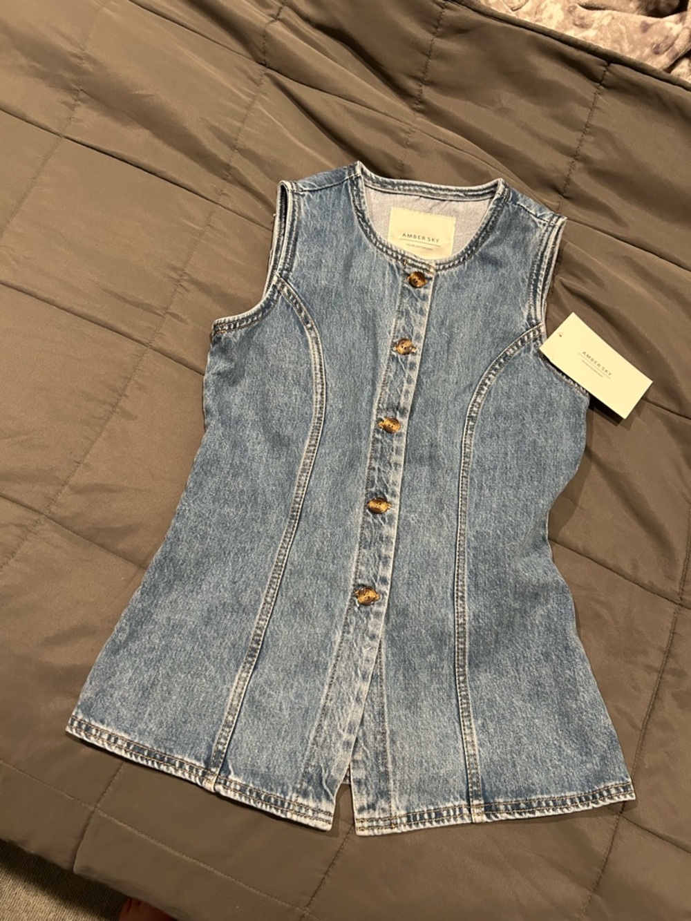 Denim Button-Front Sleeveless Tee - Light Blue